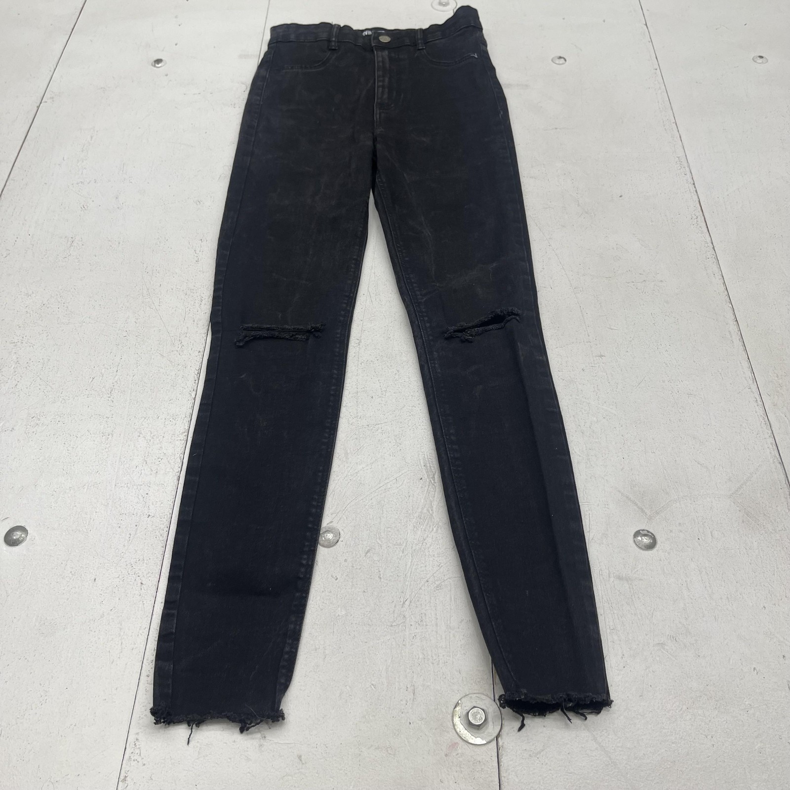 Zara Skinny Jeans Womens 6 Black Charcoal Wash High Rise Distressed Fringe Denim