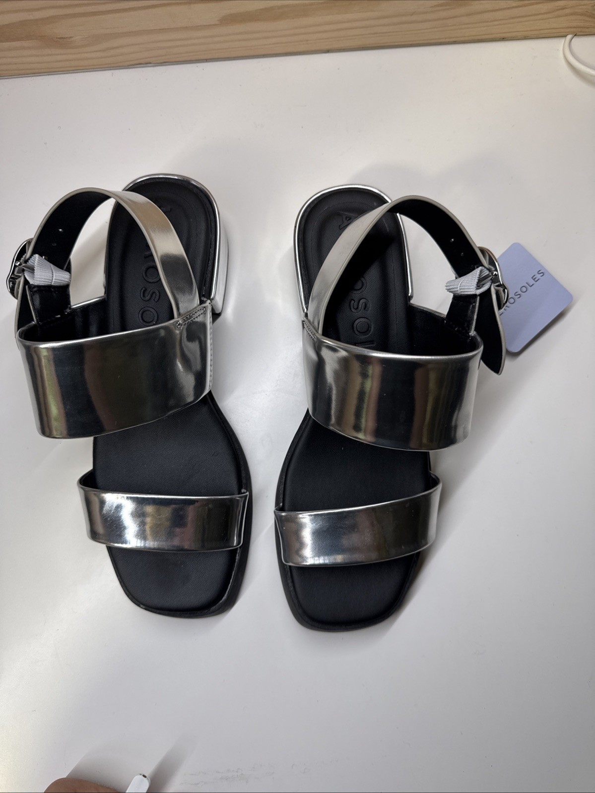 Aerosoles Camera Platform Sandal 7.5M Silver Metallic Block Heel Ankle Strap NEW