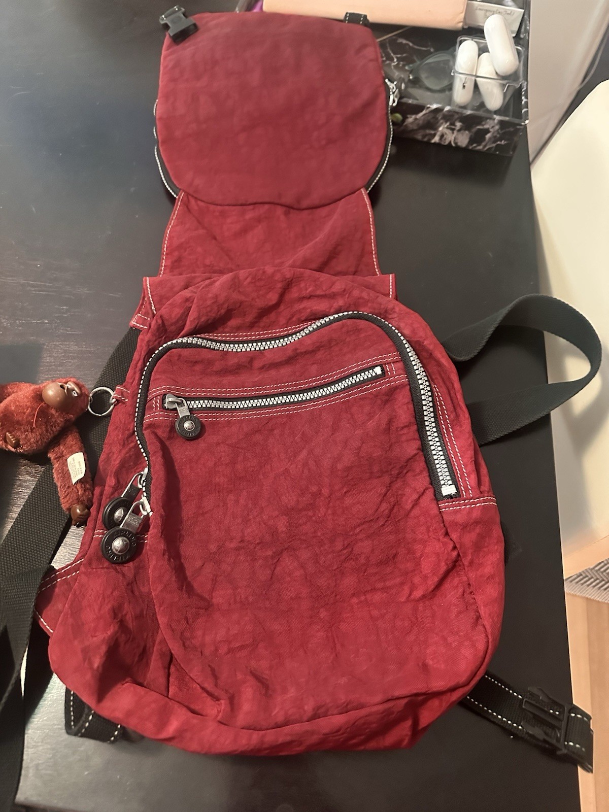 Kipling maroon Red Small Backpack Zip Closurea Adjustable Strap Monkey Keychain