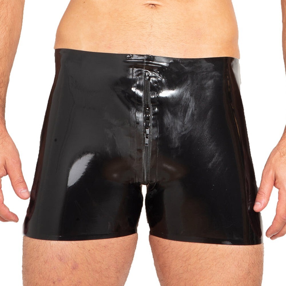 Mens Latex Gummi Shorts with Crotch Zipper Rubber Boxer Underwear Clubwear 0.4mm