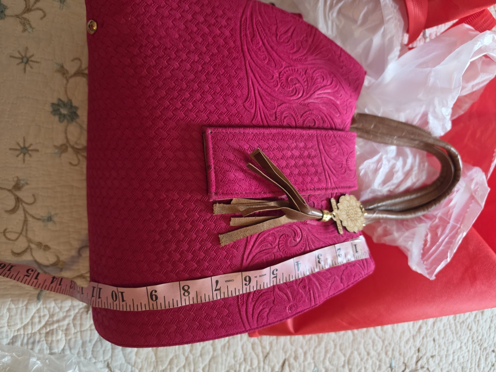 Handcrafted Genuine Leather Tote Bag Hot Pink Embossed Mexican Artisan Purse
