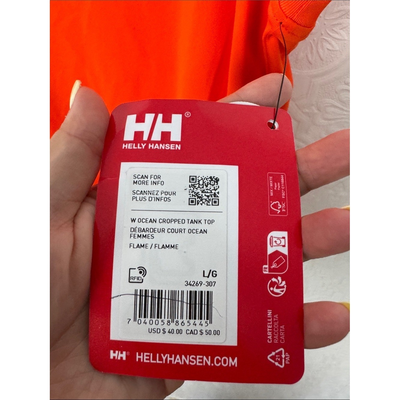 Helly Hansen Ocean Cropped Tank Top Bright Orange Large Neon Sleeveless NWT