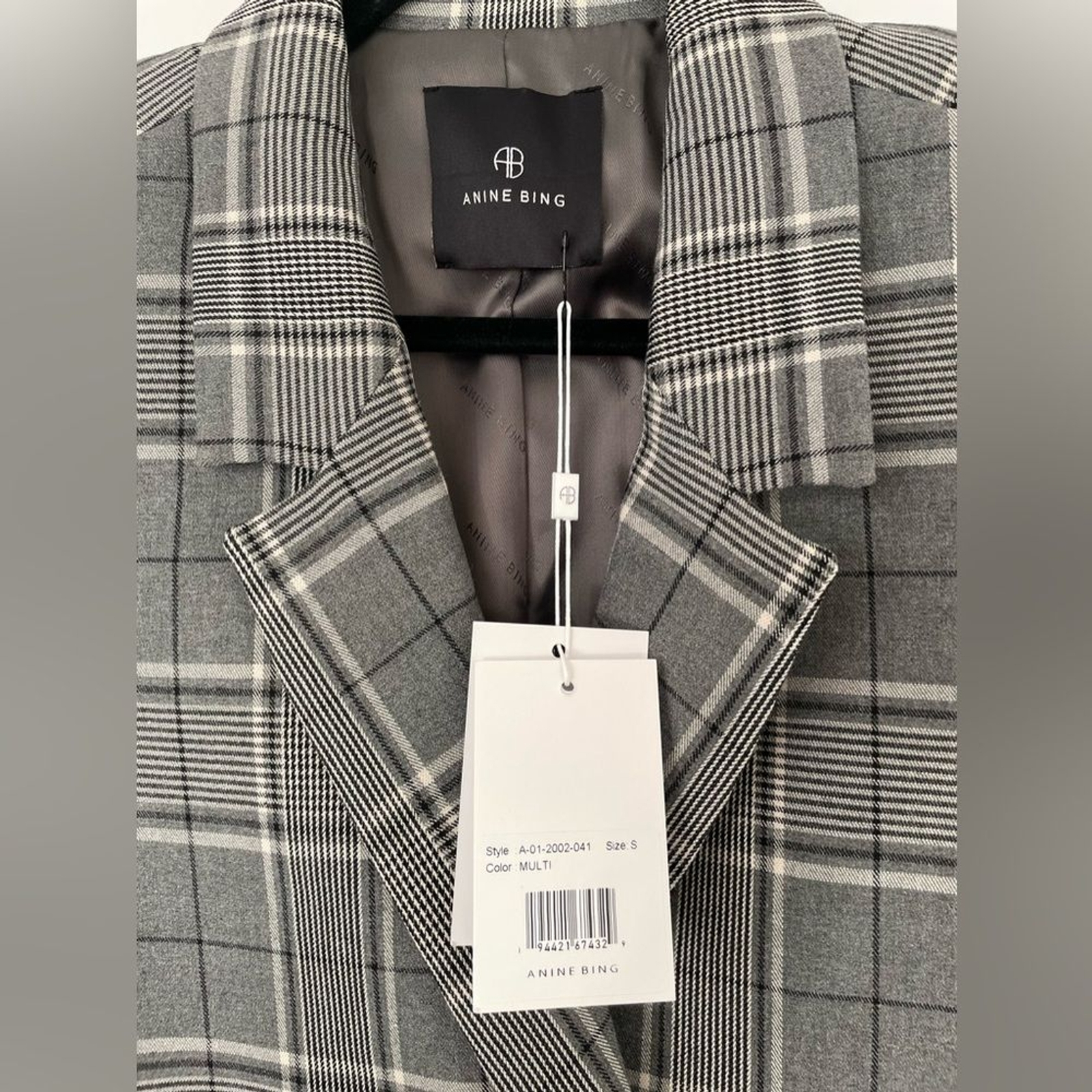 Anine Bing Madeleine Blazer in grey plaid NWT