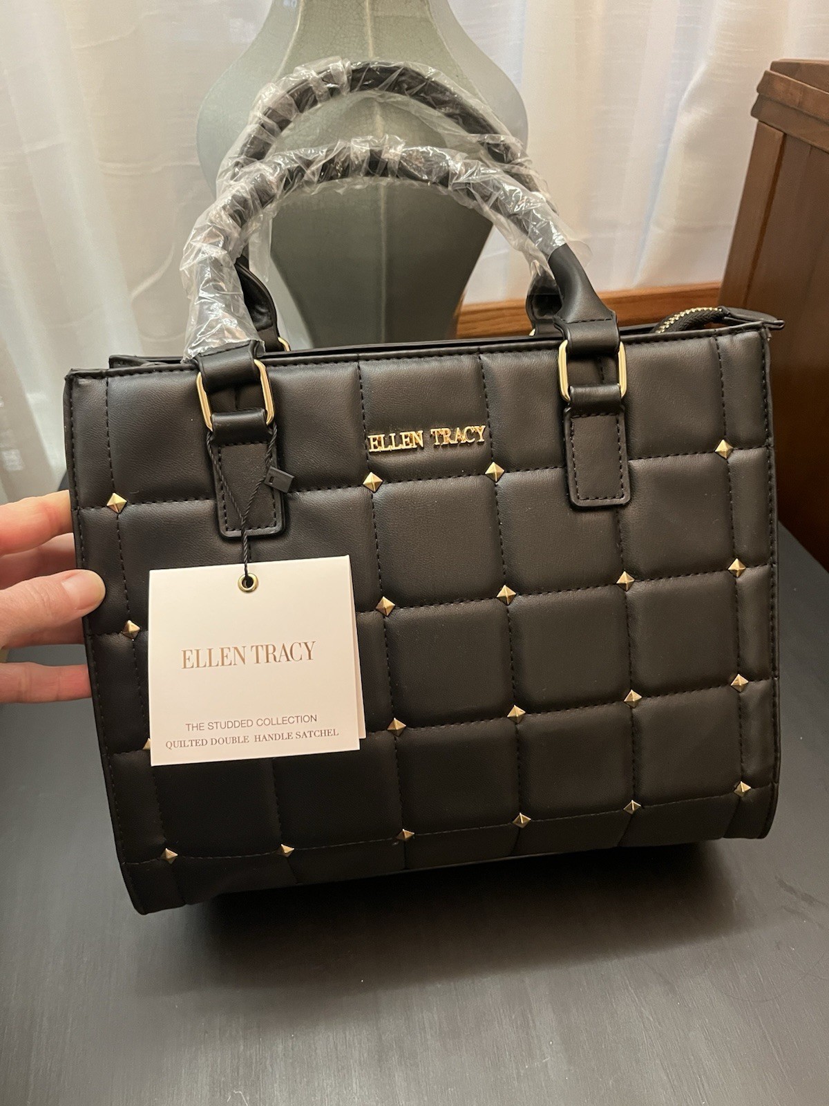 Ellen Tracy Black Quilted Studded Satchel Top Handle Zip Lined Gold Hardware