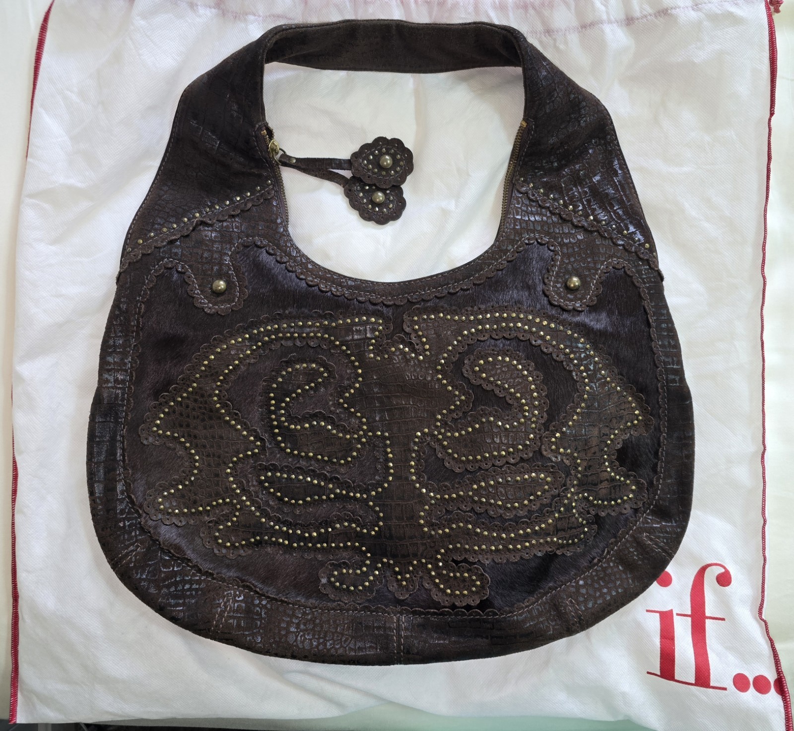 Isabella Fiore NWT, Brown Leather/Calf Hair Studded Hobo Bag, Aldic Ging RARE