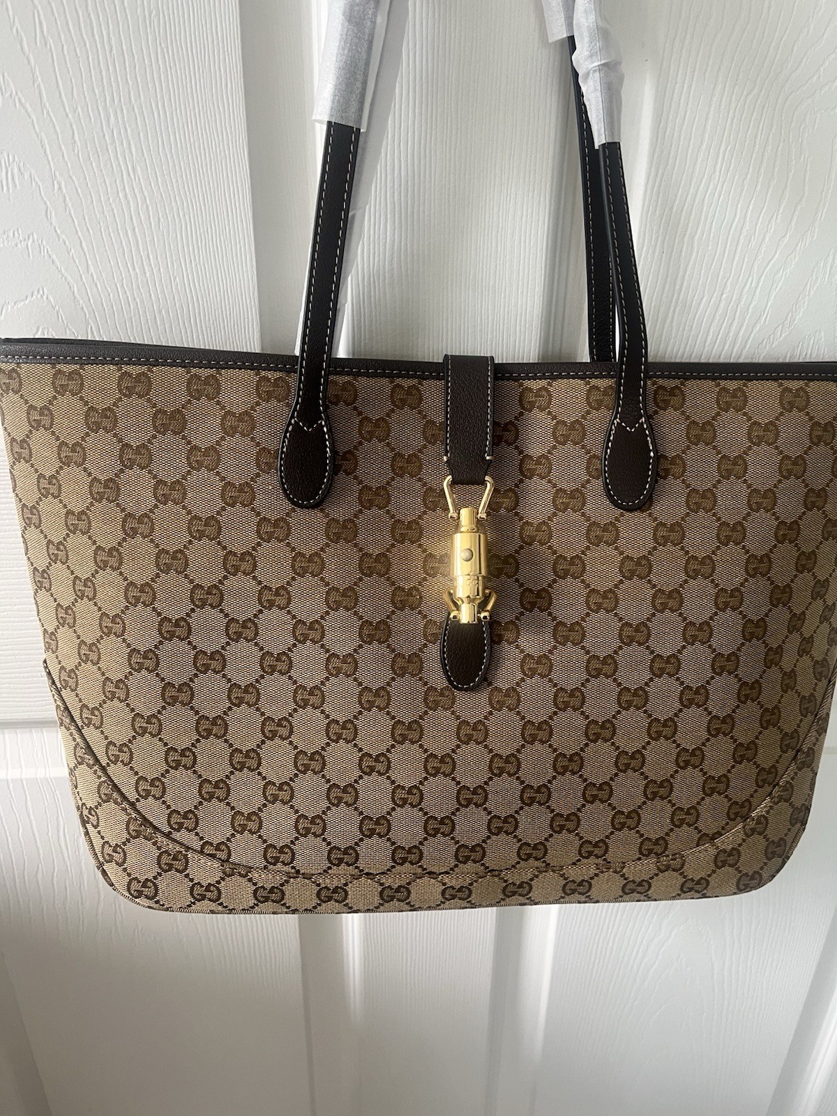 Gucci GG Supreme Monogram Tote Large Beige Brown Turn Lock Gold Detachable Strap