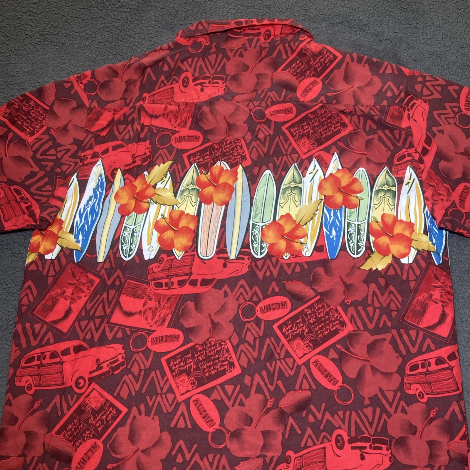 Vintage Pineapple Connection Hawaiian Shirt Men Size XL Rayon Surfing Boards Red