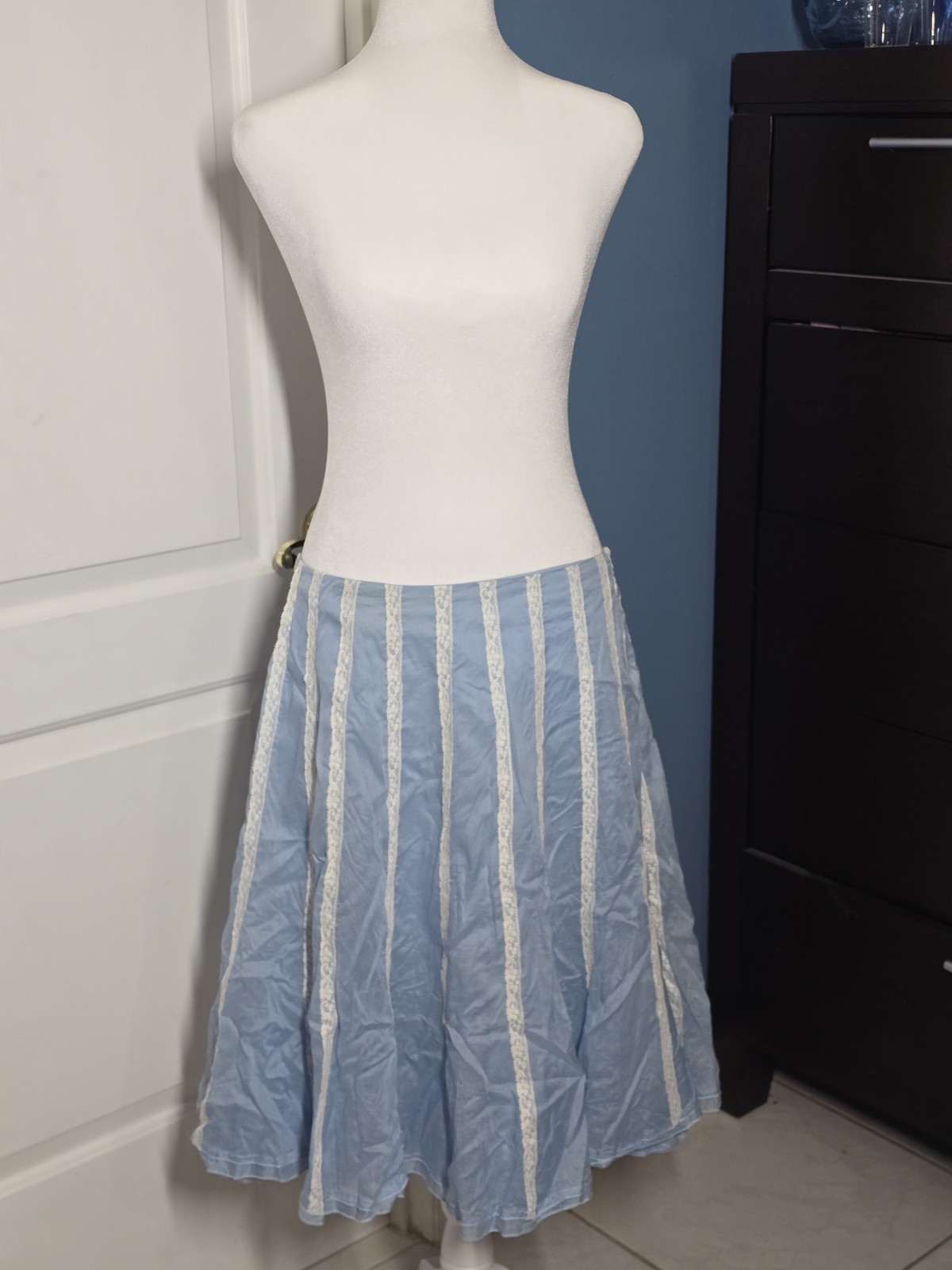 Ermanno Scervino Tiered Midi Skirt Sz 46 30″ Blue Cotton Layered Lace Ribbons