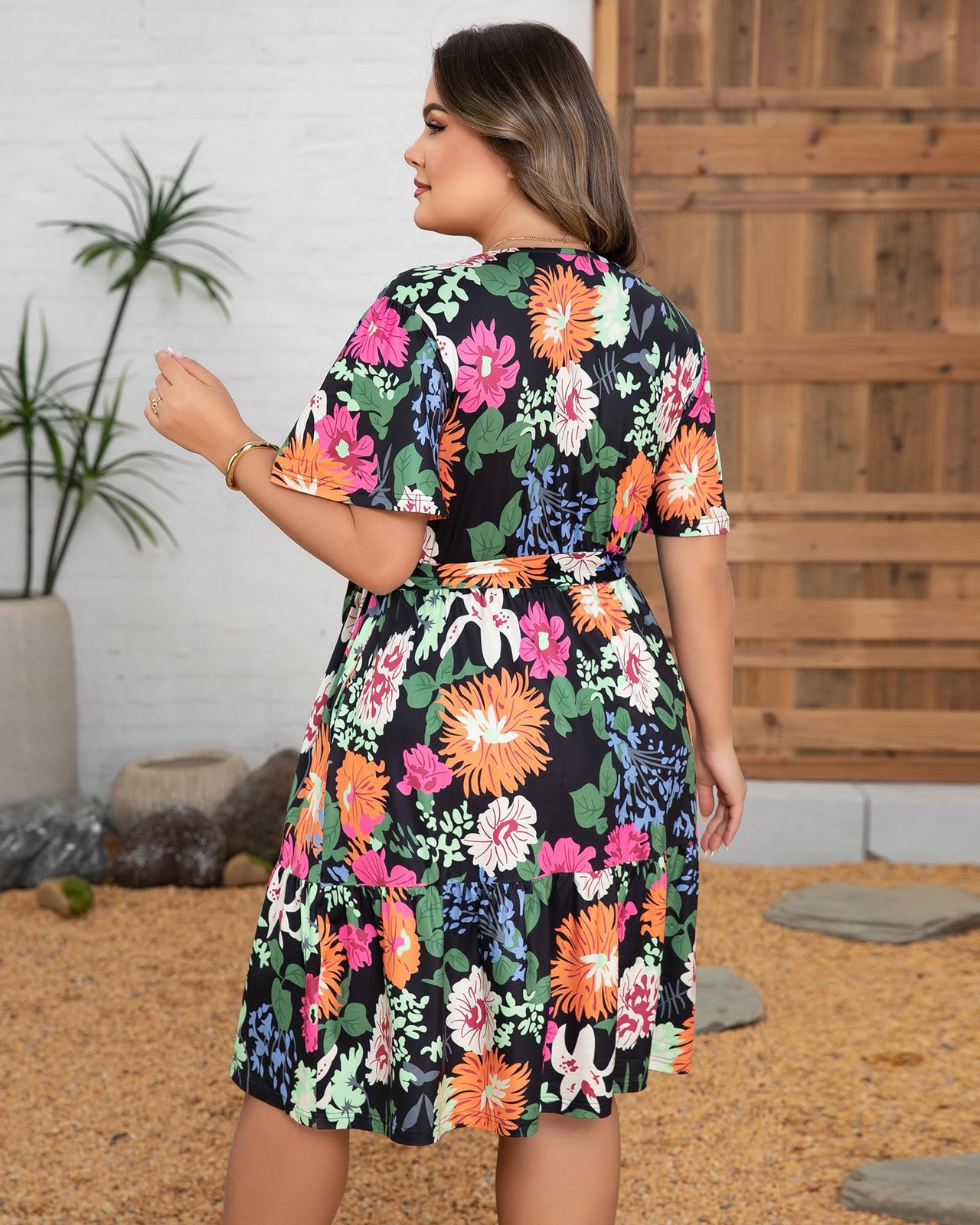 Plus Size Dresses for Curvy Women, Floral Sleeves Tiered 5X-Large, Multicolor