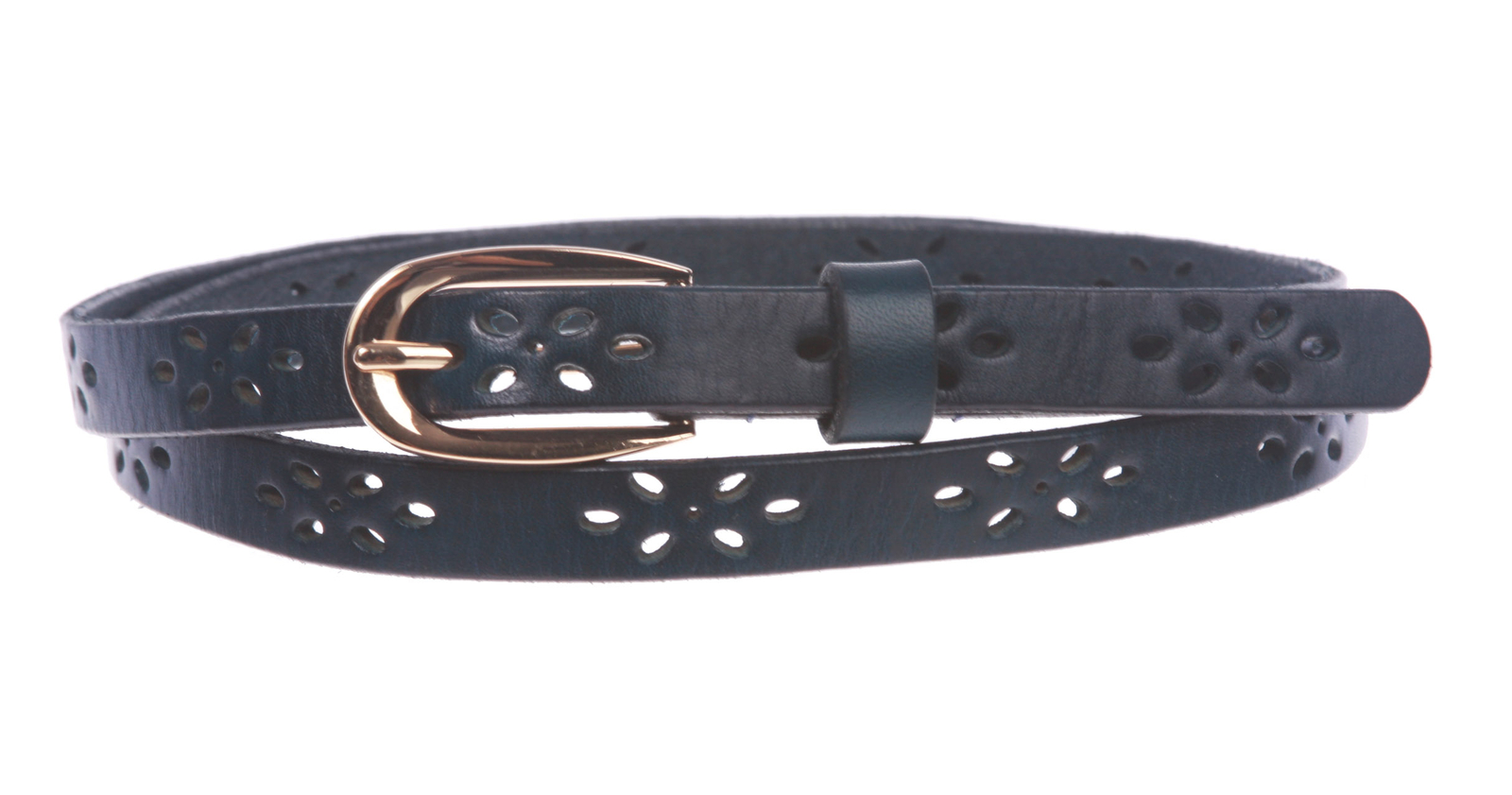 Skinny Perforated Floral Hollow Out One Piece Cowhide Full Grain Leather Bel