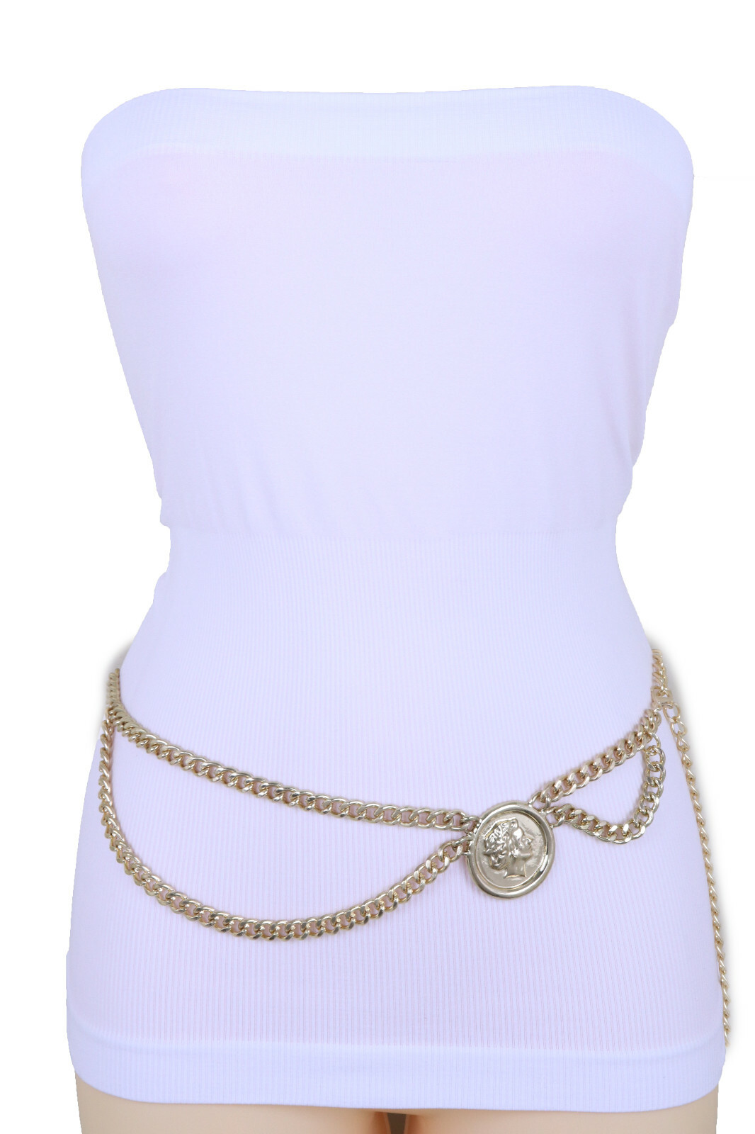 Women Dance Fashion Belt Gold Color Metal Chain Wave Coin High Waist Hip XS S M