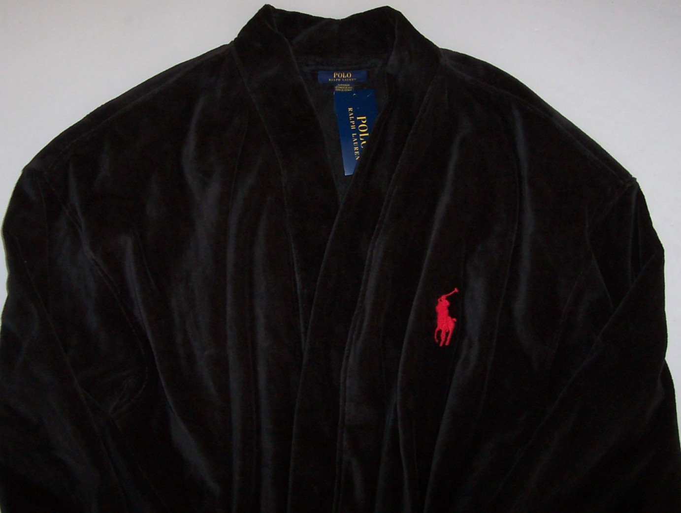 NWT Polo Ralph Lauren SOLID BLACK Cotton Velour 48″ Robe Men’s L/XL RED PONY