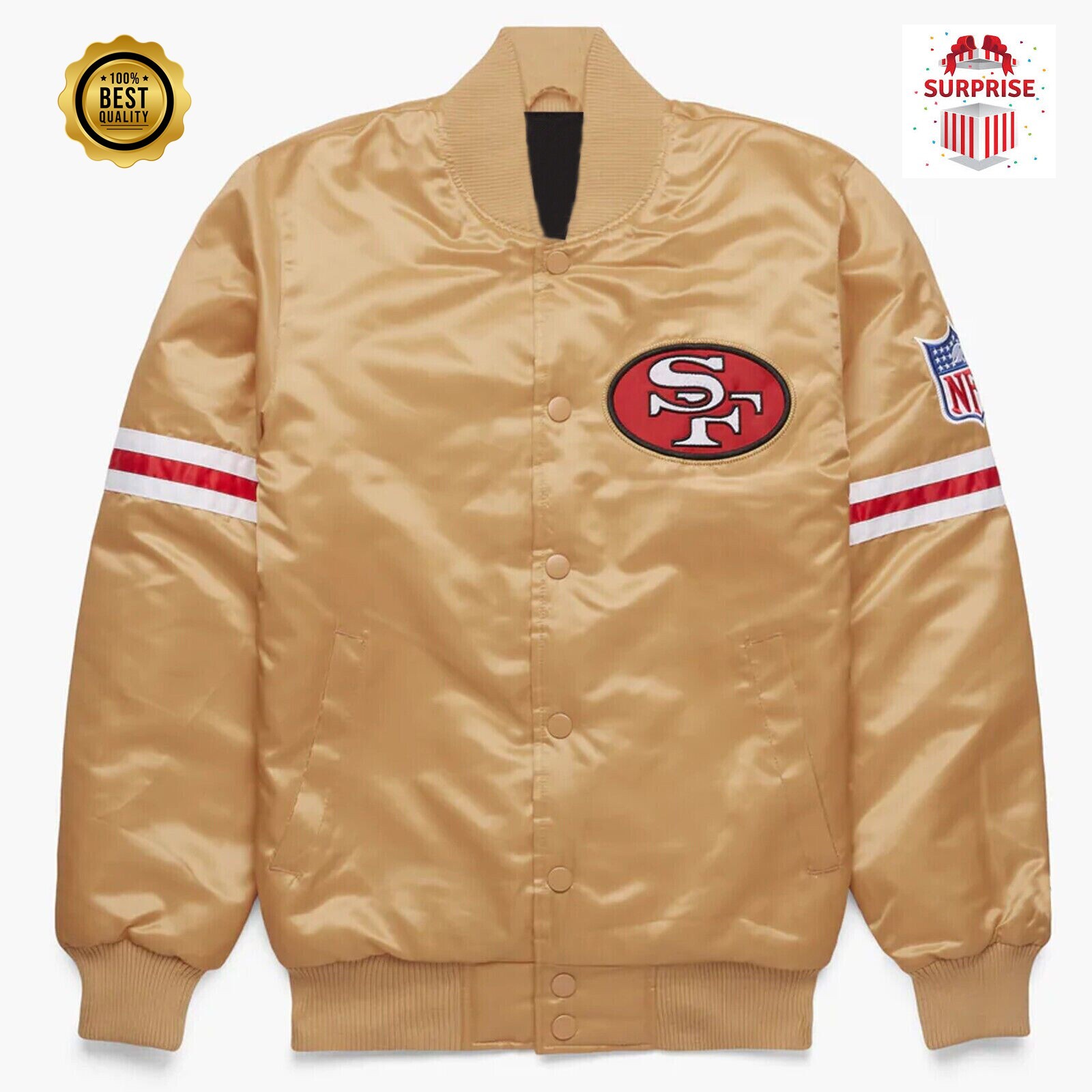 Men’s SF 49ers Varsity Gold Satin Midfield Bomber Style Letterman Varsity Jacket