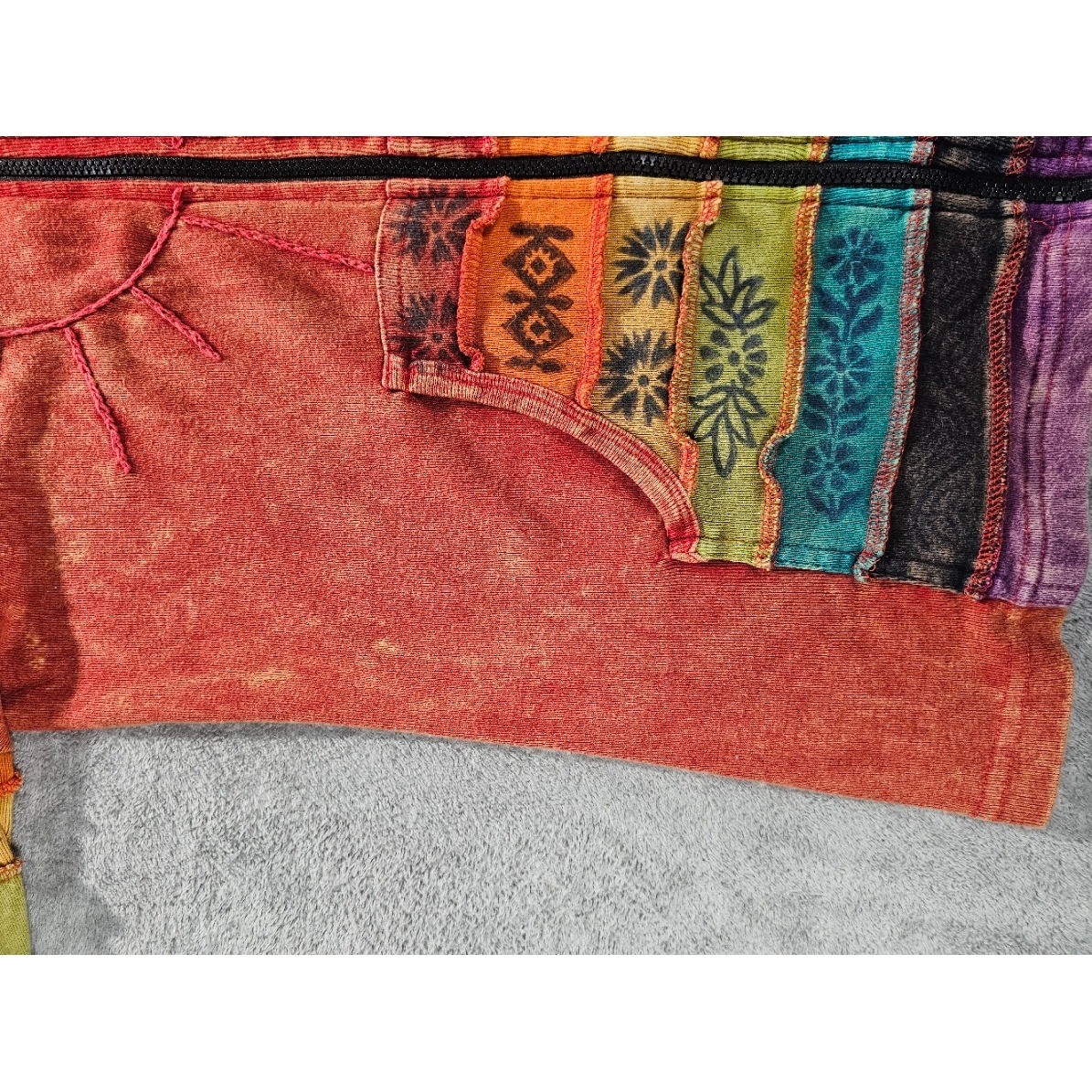 GreaterGood Boho Patchwork Zip Up Hoodie Sun Embroidery Nepal Jacket L/XL