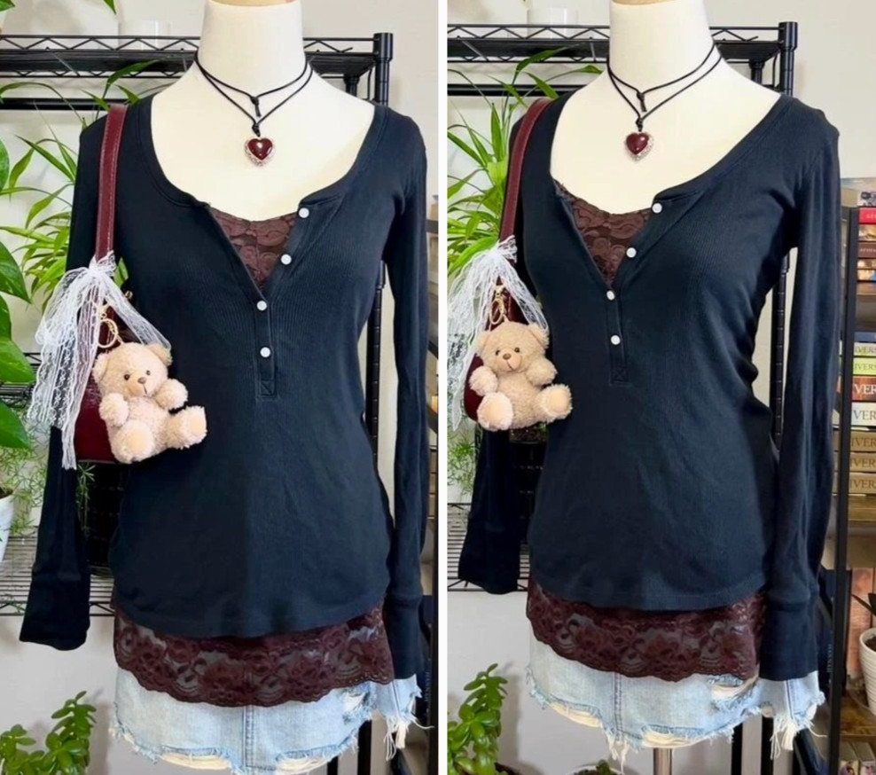 Y2k Victorias Secret Henley XS Black Ribbed Elena Gilbert Bella Swan 2015 vtg