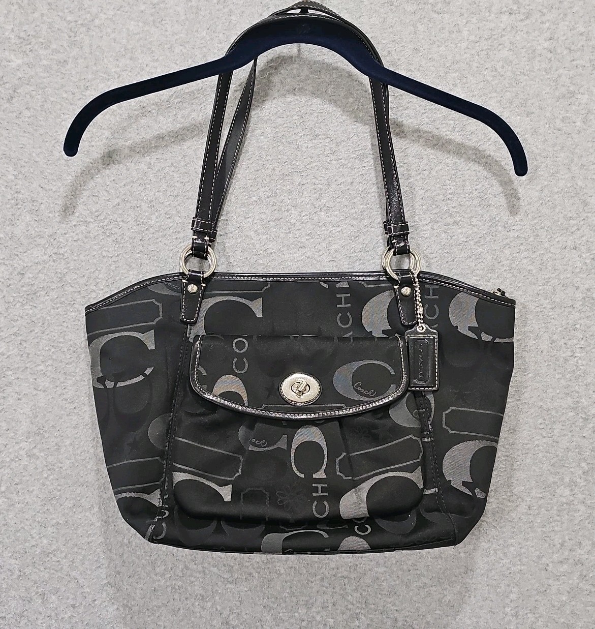 Coach Leah Purse Signature Satchel W Turn Lock ,Spell Out C, star Flower Black