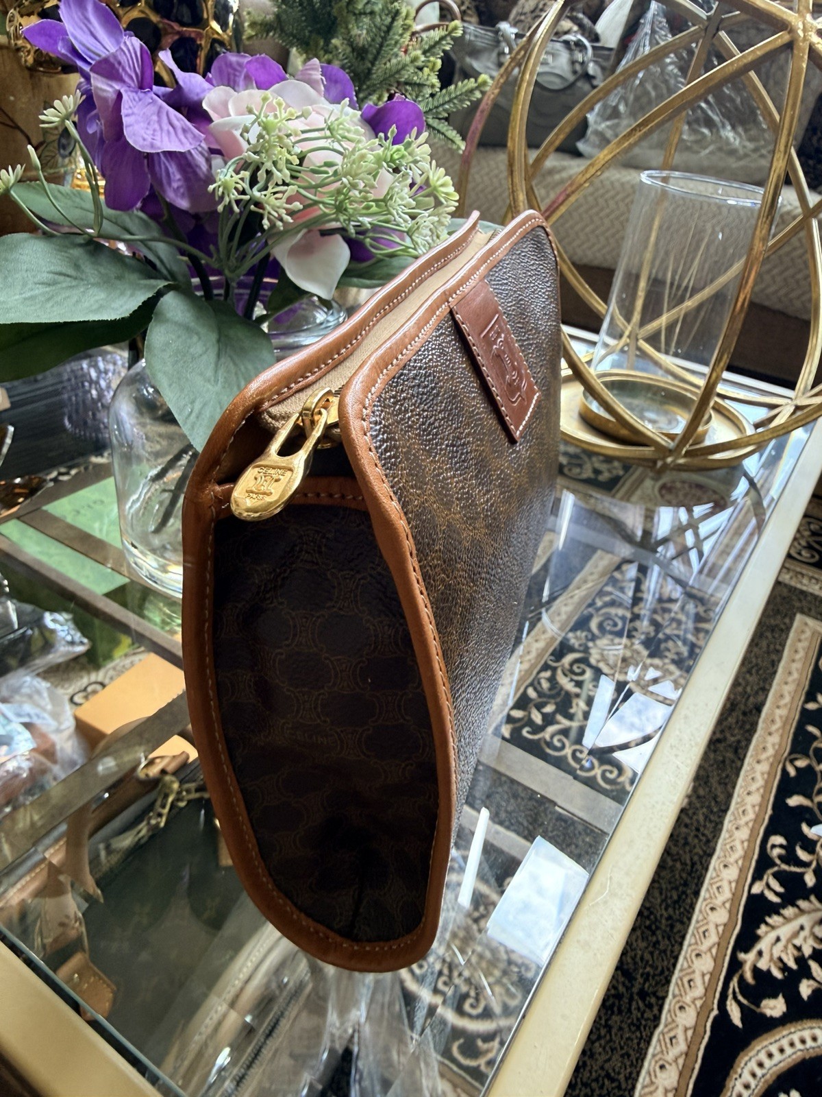 Vintage Celine Macadam Zip Clutch Brown Canvas Leather