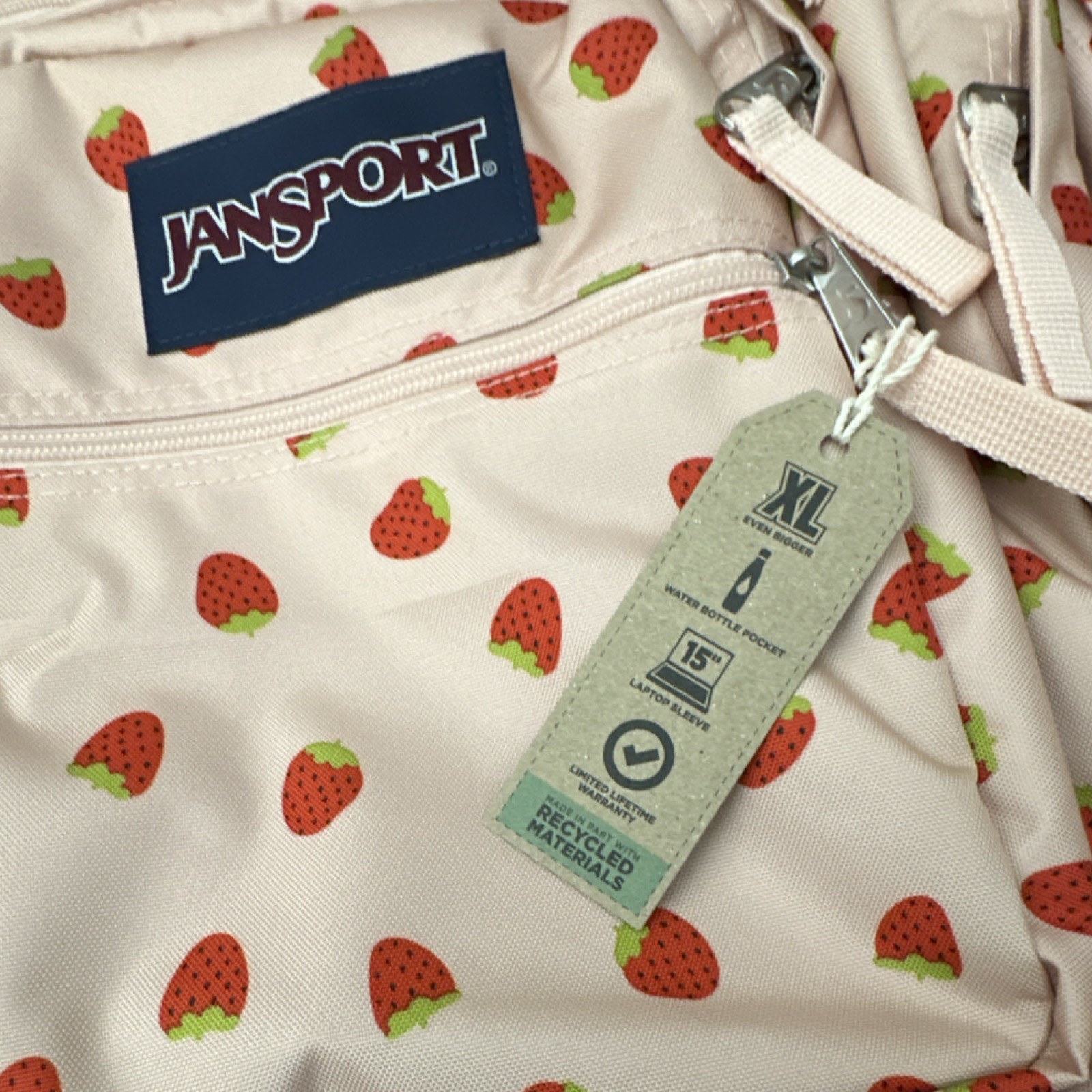 JanSport Big Student Strawberry Shower XL Kids Backpack Zipper Strap Accent