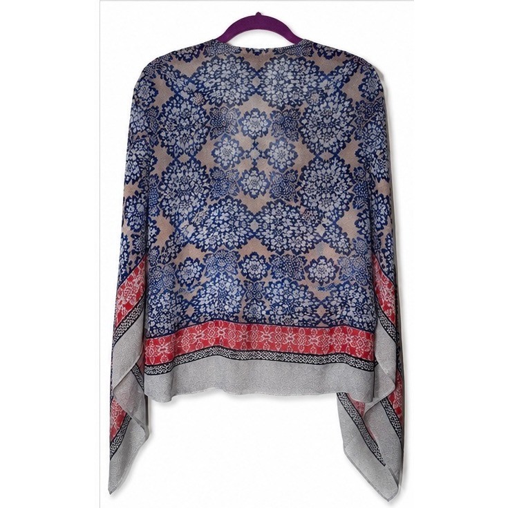BCBGMAXAZRIA Womens S 100% Silk Medallion Print Wrap Blouse Blue Red Grey Small