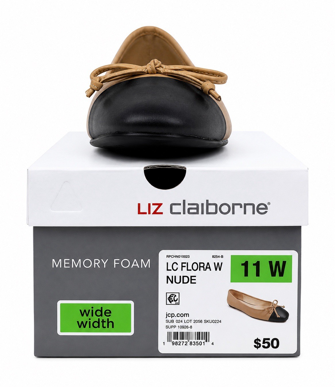 New Liz Claiborne LC Flora W Ballet Flats Women 11W Nude Black Cap Toe
