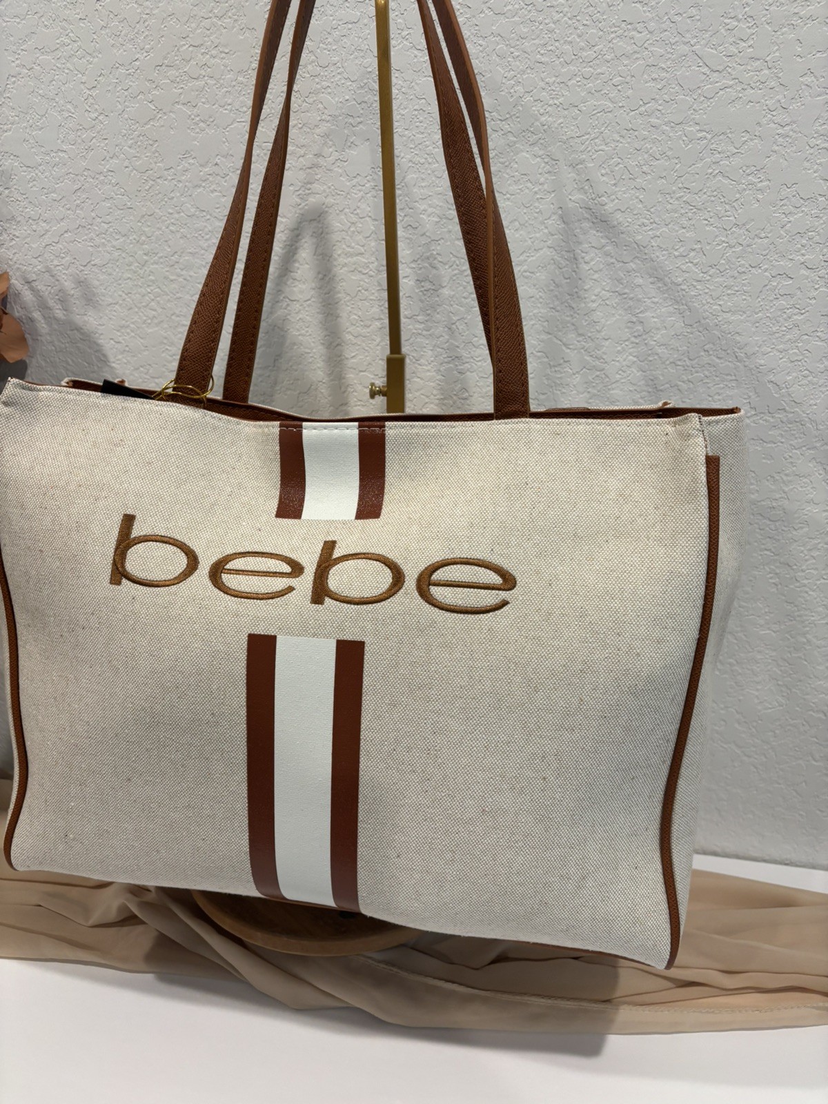 Bebe Paisley Canvas Tote Bag Caramel Stripe Large Shoulder Tote NWT MSRP $139