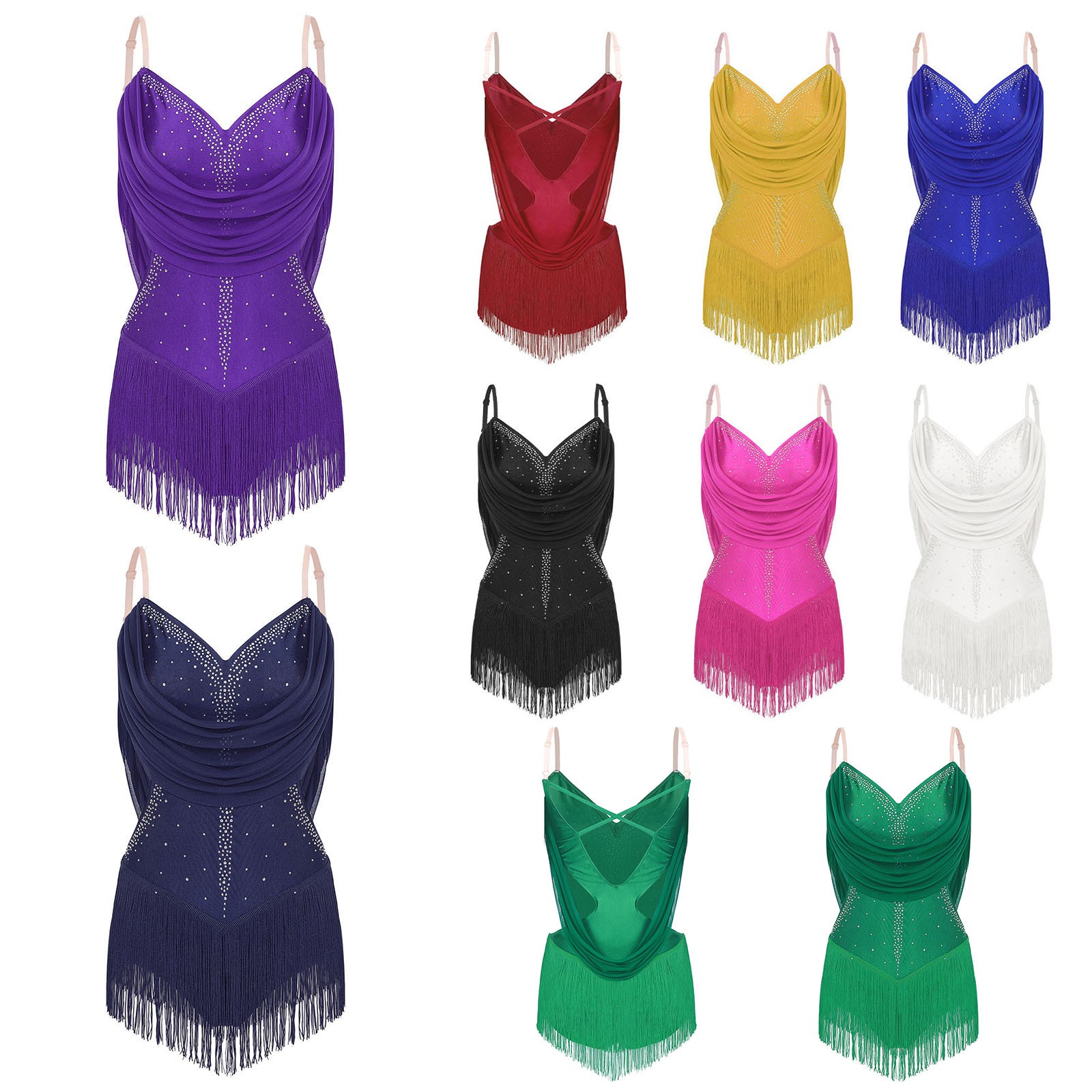 US Women’s Rhinestone Latin Dance Costume Ruched Mesh Tassel Jazz Dance Bodysuit