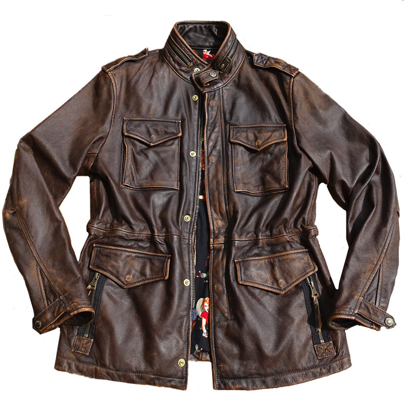 Distressed Teacore Cowhide Men’s Vintage M65 Genuine Leather Safari Jacket