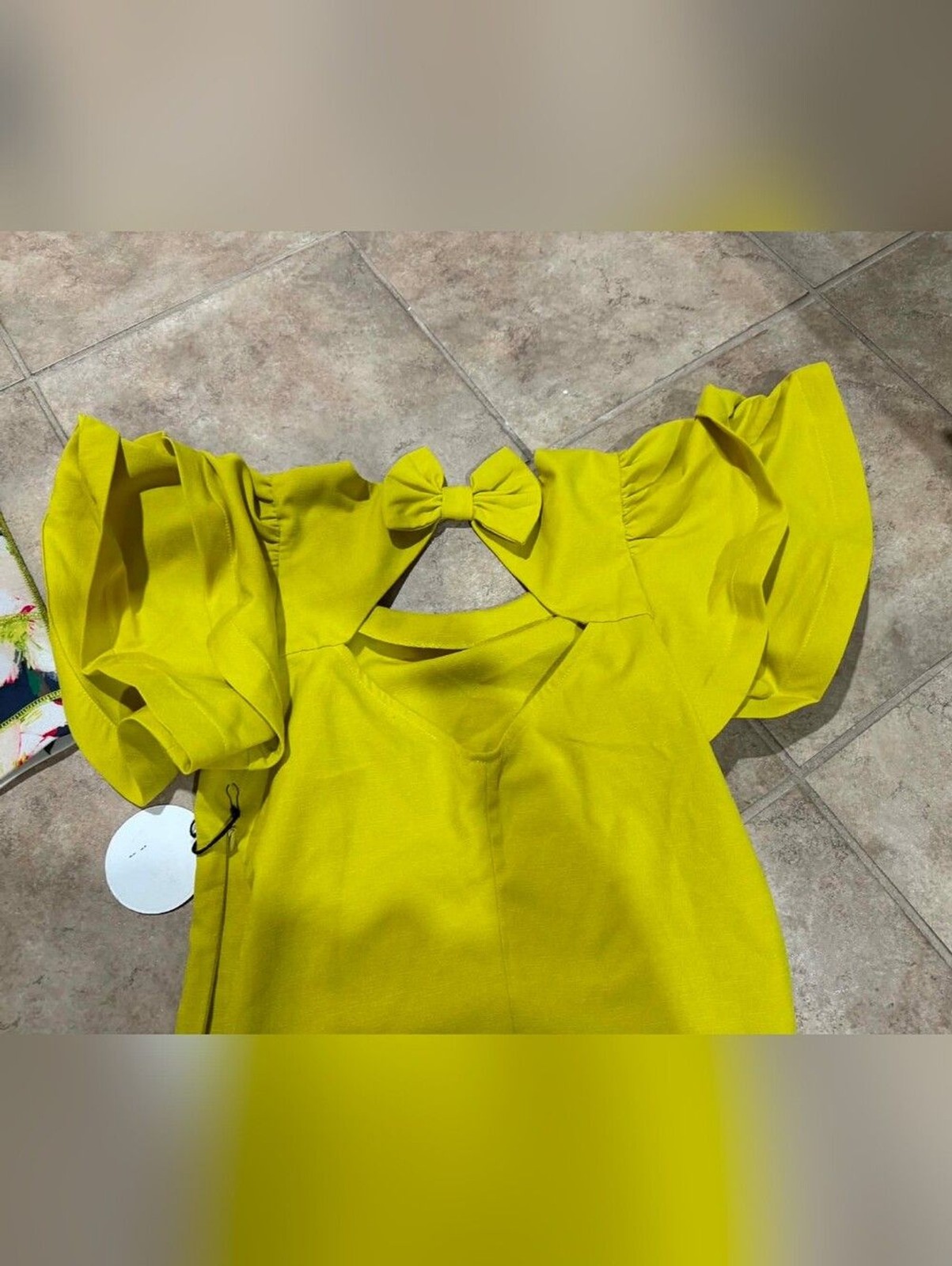 Bright Yellow Ruffle Sleeve Top with Bow On Back