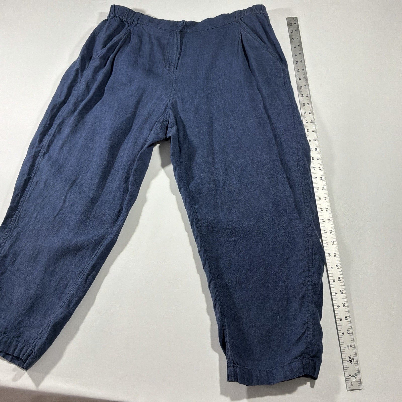 Poetry Blue Linen/Cotton Woven Pants Relaxed Tapered Ankle Mid Rise US 18