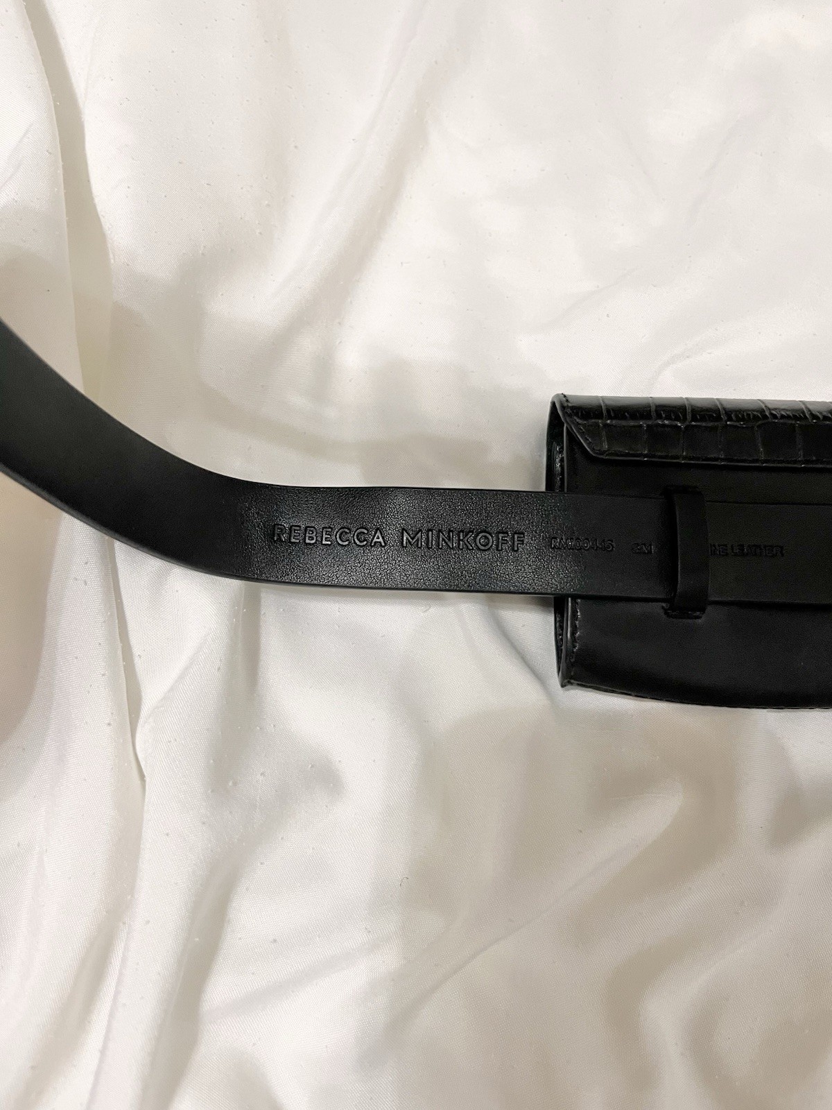 REBECCA MINKOFF | LEATHER CROCODILE EMBOSSED FANNY BELT BAG IN BLACK SMALL/MED