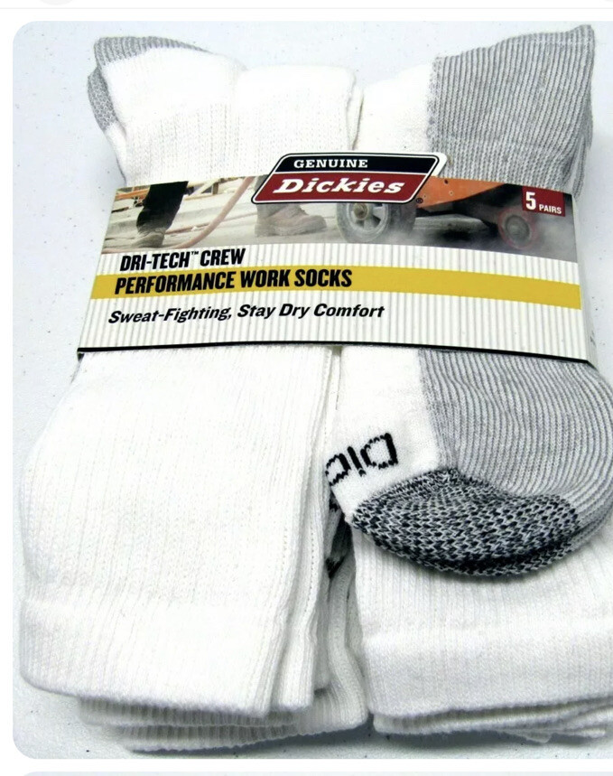 Dickies Performance Mens Work Socks White NEW Dri-Tech Crew 5 Pk 6-12
