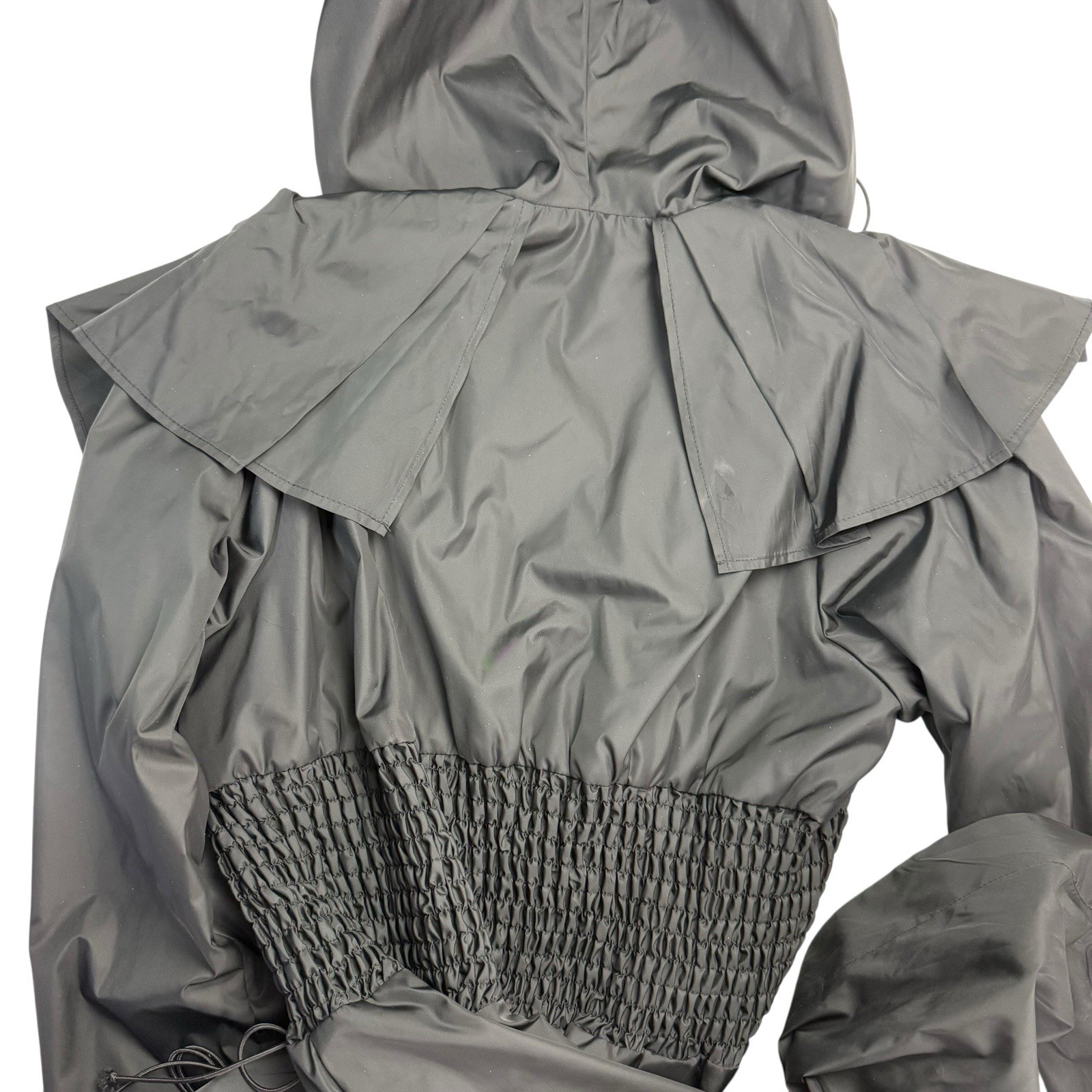 NEW Irregular Exposure Smocked Waist Parachute Jacket Women Large Black Hooded