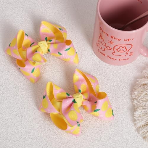 2Pc Ribbon Hair Bow Clips 4.3″ Tropical Fruit Alligator Barrettes Lemon