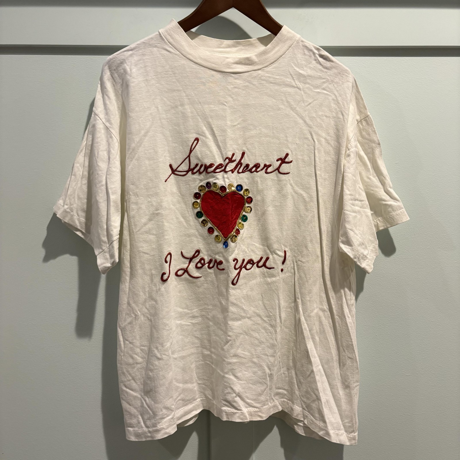 Vintage Sweetheart Shirt Large White Sequin Love Valentines Single Stitch 90s