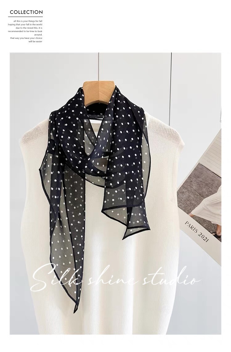 Chic Black & White Polka Dot 100% Silk Scarf -Lightweight 63″x12″ Oblong Summer