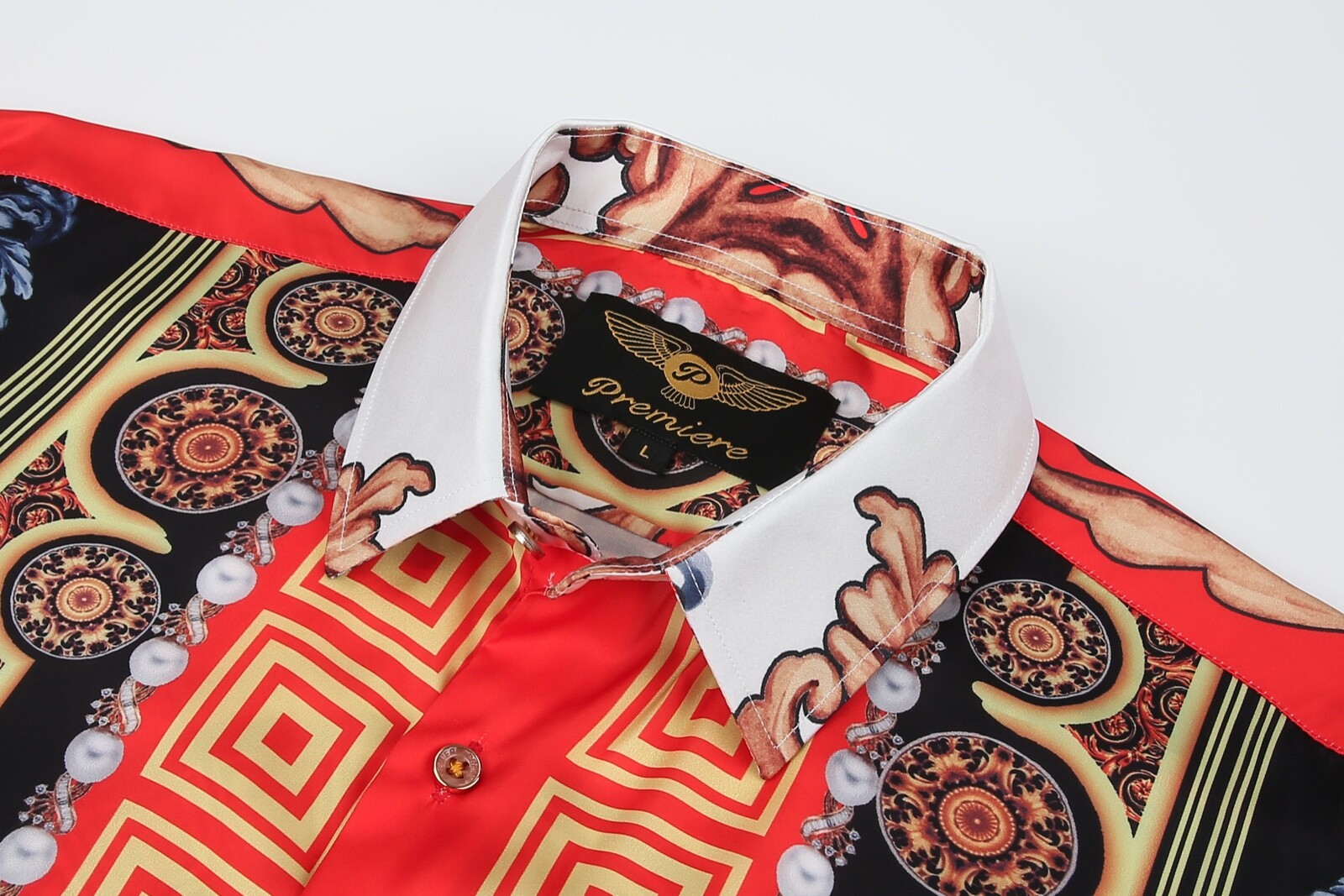 Mens PREMIERE Long Sleeve Button Down Dress Shirt SILKY WHITE RED GOLD LEAF 648N