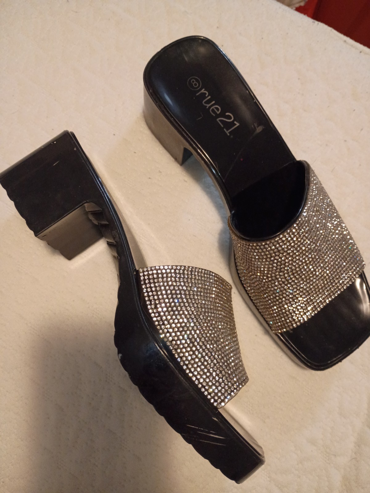 Black Slide Mules with Silver Crystal Band