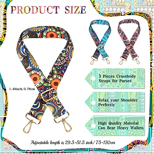 3 Pcs Purse Straps for Handbags Replacement Wide Shoulder Adjustable Colorful