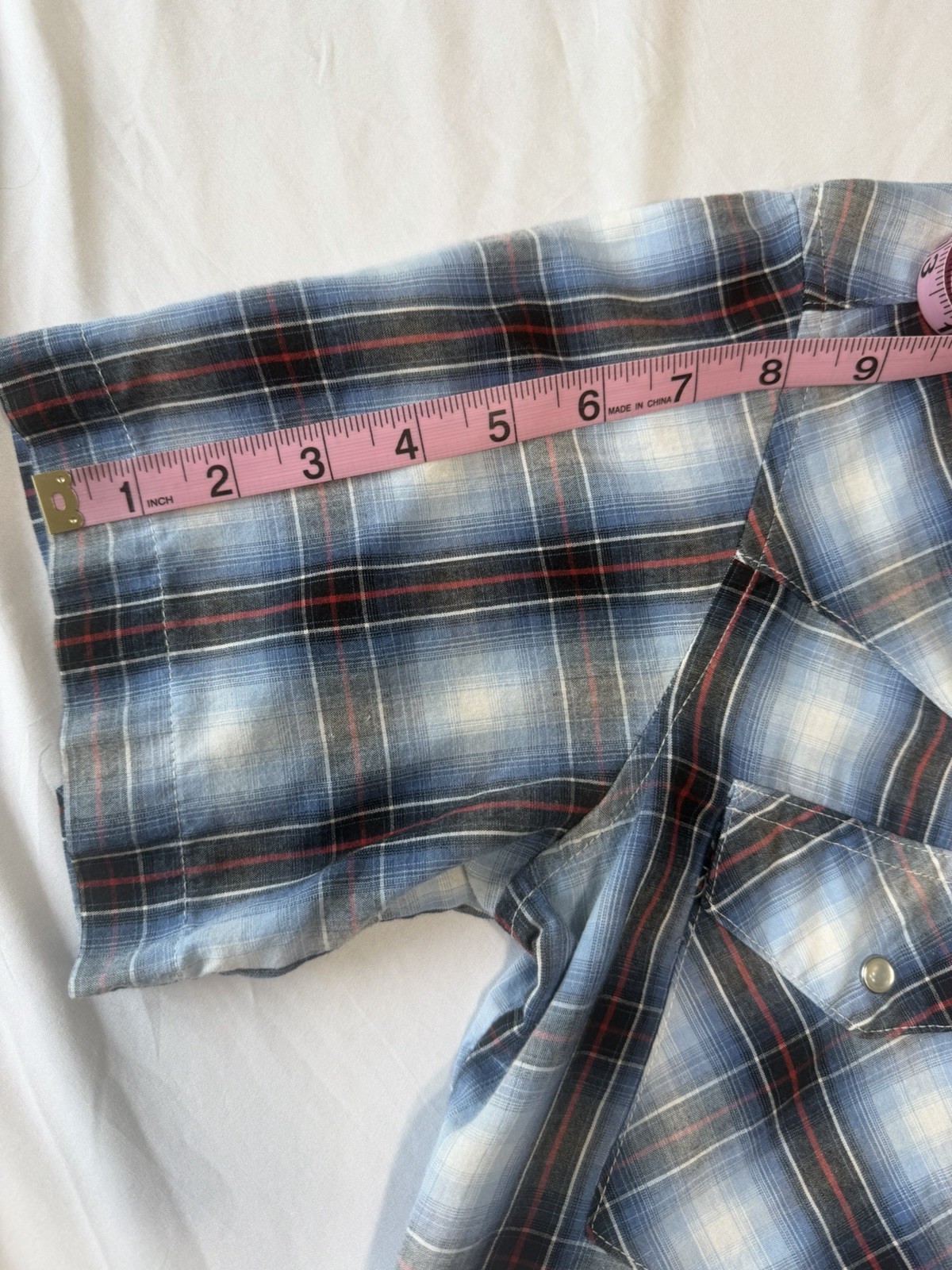 Wrangler Men’s Western Pearl Snap Shirt Blue Plaid, Short Sleeve, Size Small