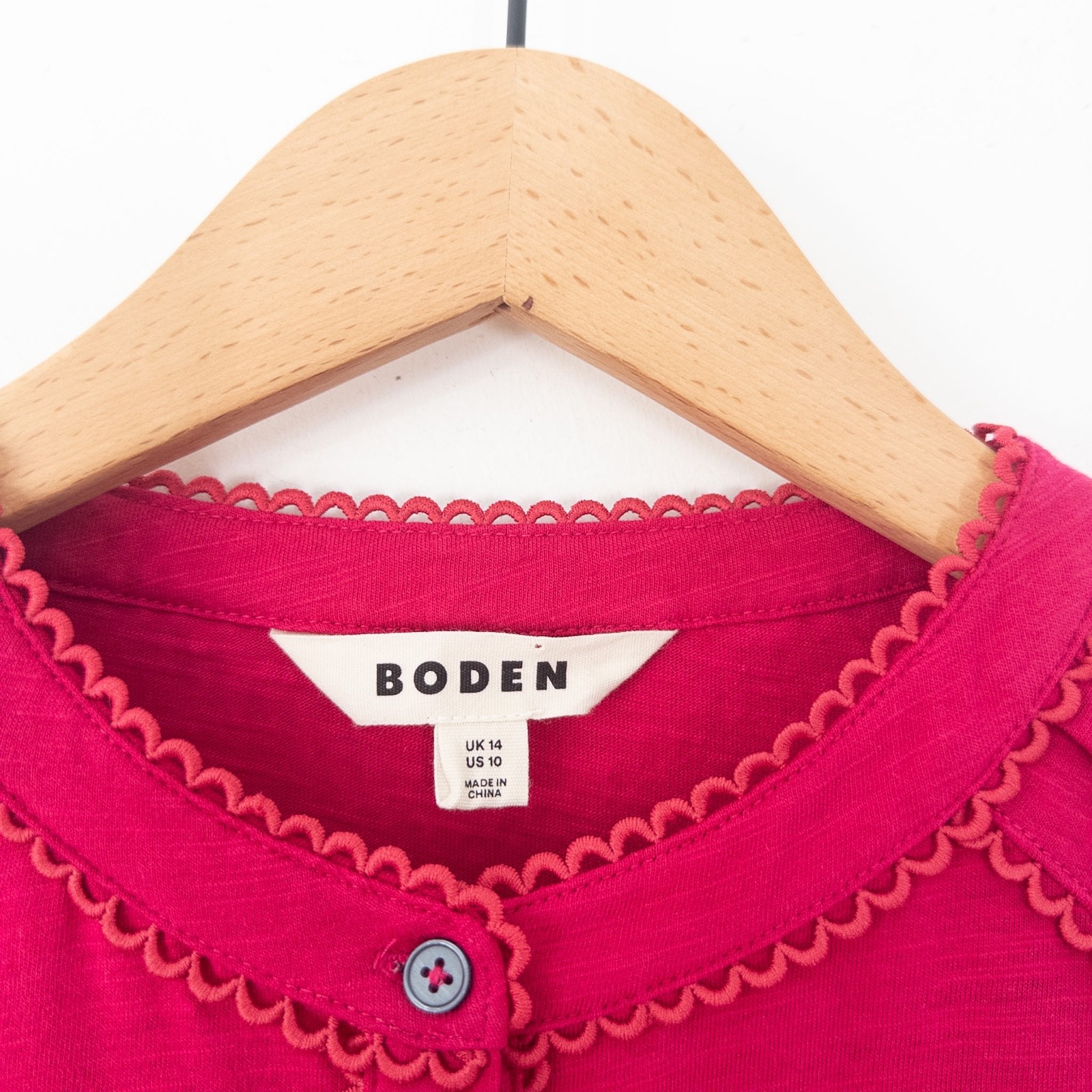 Boden Cotton Henley Blouse Top Size 14 Raspberry Pink Embroidered Long Sleeve