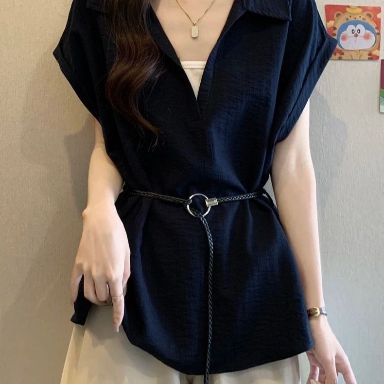 Plus-size Faux Two-piece V-neck Straight-shoulder Shirt