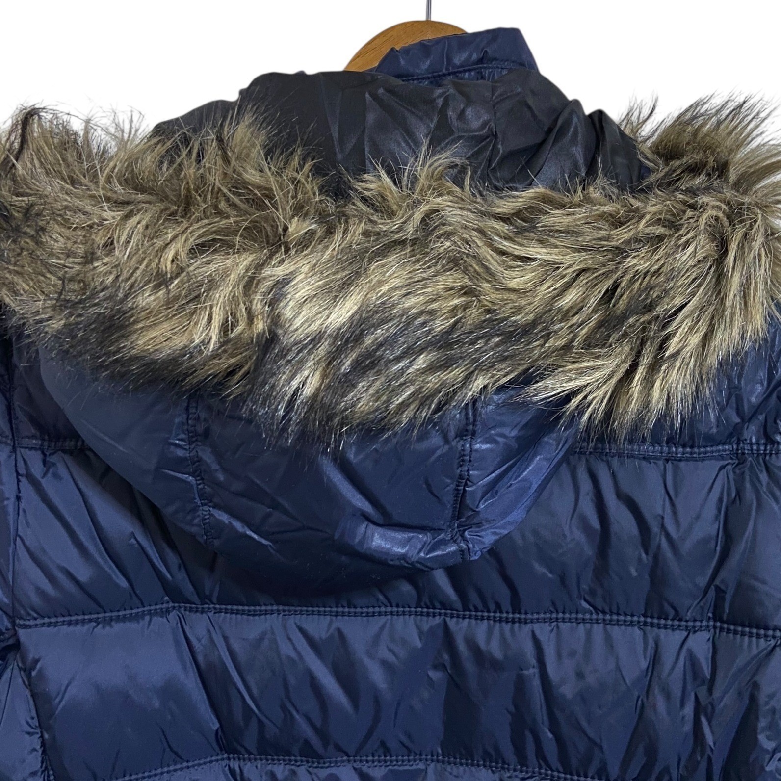 American Eagle Outfitters Puffer Jacket Fur Hood Navy Blue Quilted Winter Coat L