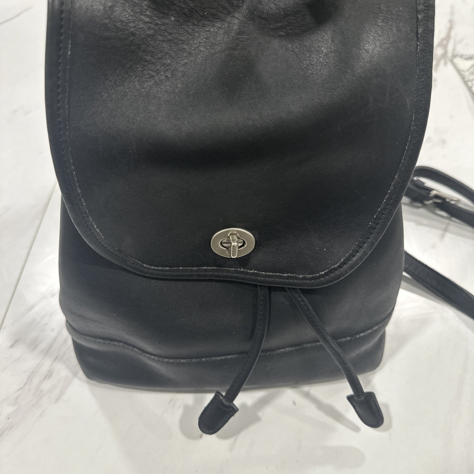 COACH Vintage 9791 Black Leather Backpack “The Daypack” Drawstring Turn-lock