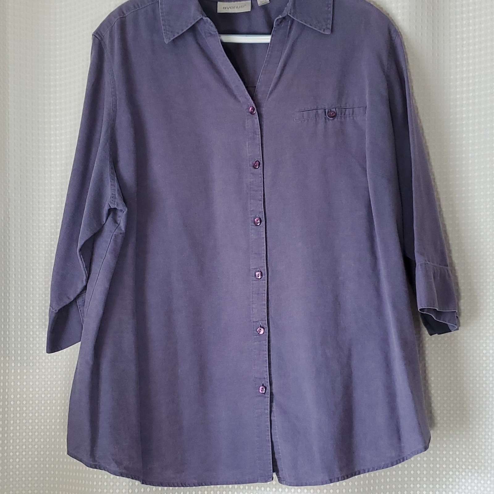 Avenue Women’s Plus 18/20 Purple Solid Collared Button-Up Blouse 3/4 Sleeve