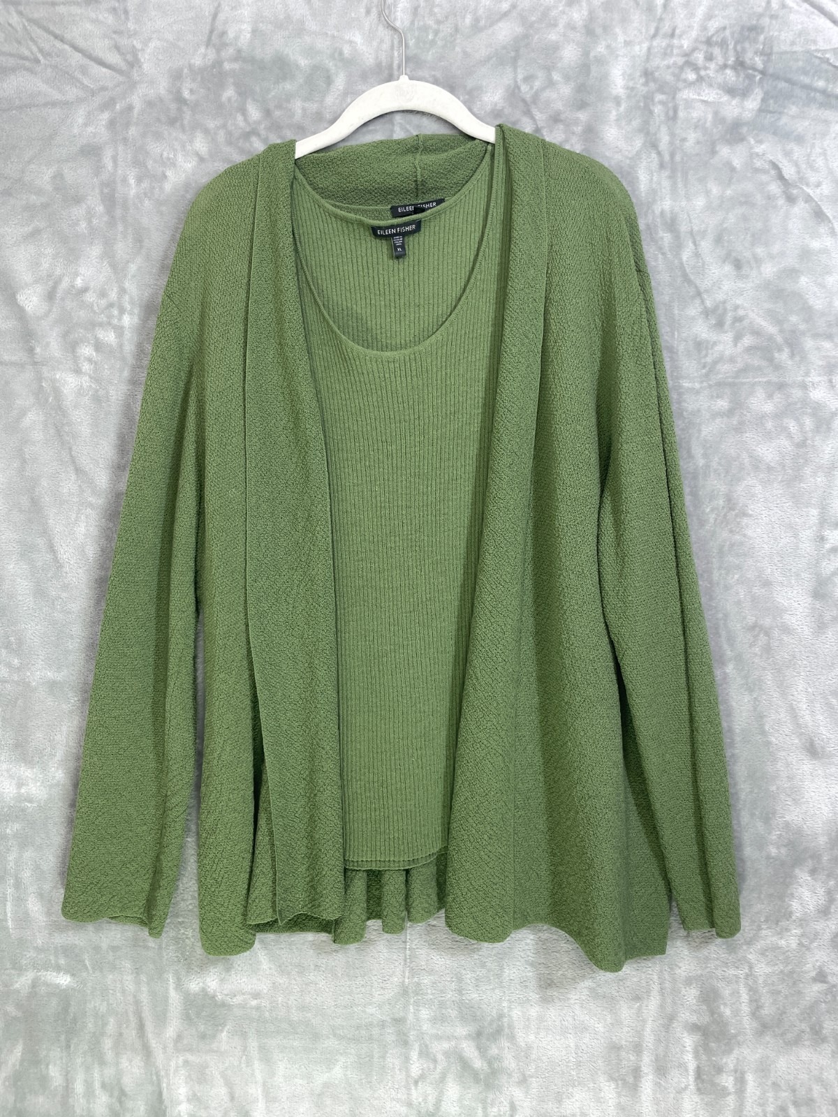 Eileen Fisher 100% Wool Open Front Cardigan + Tank Set Size XL Green Minimalist