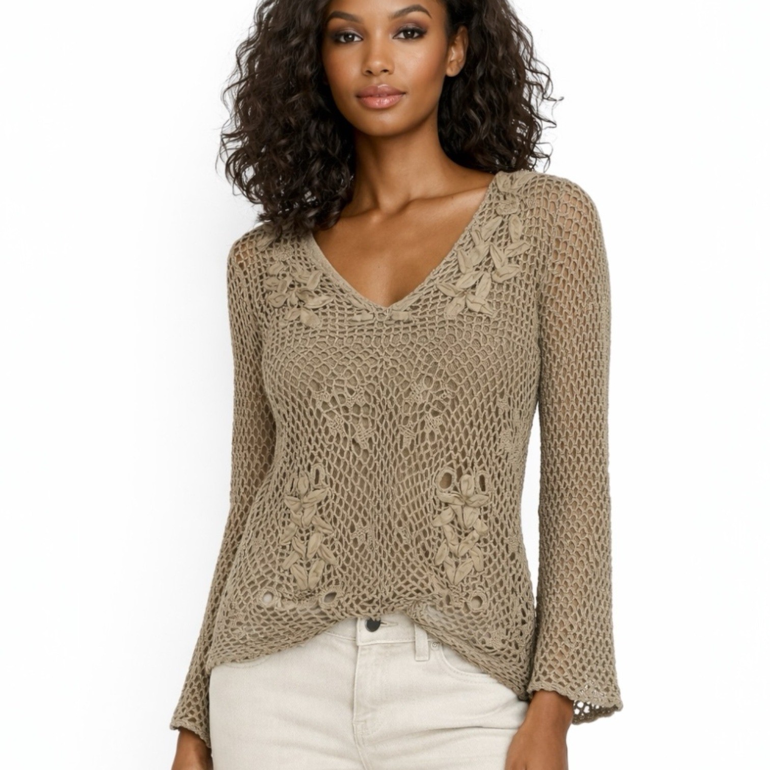 John Paul Richard Womens Beige Crochet Sweater Top PS Festival Boho Cottagecore