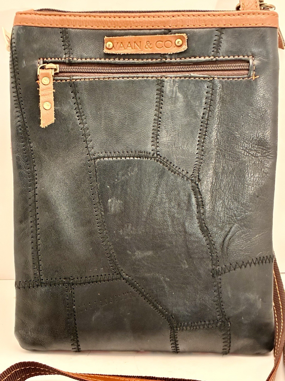 Vaan Co Leather Vinyl Crossbody Black/Floral/Brown Made in India Adjust. Strap