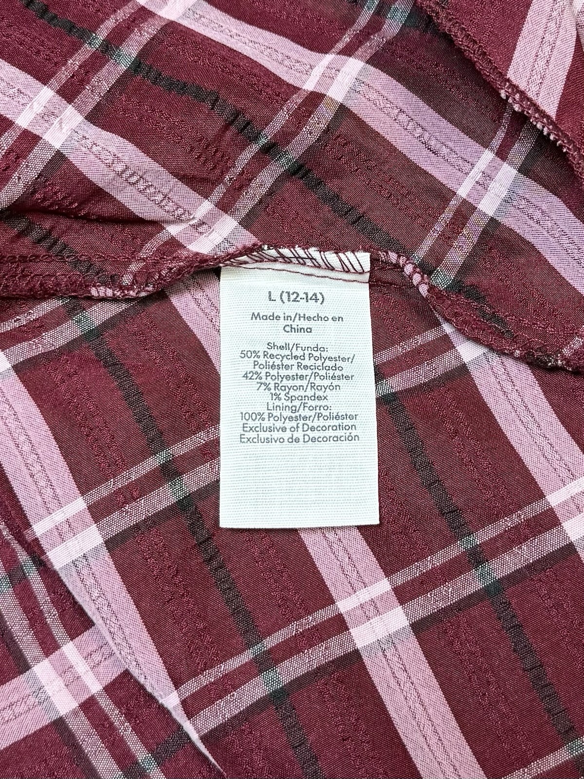 Women’s Plaid Burgundy Pink Top Size L Adjustable Strap V-Neck Camisole Shirt