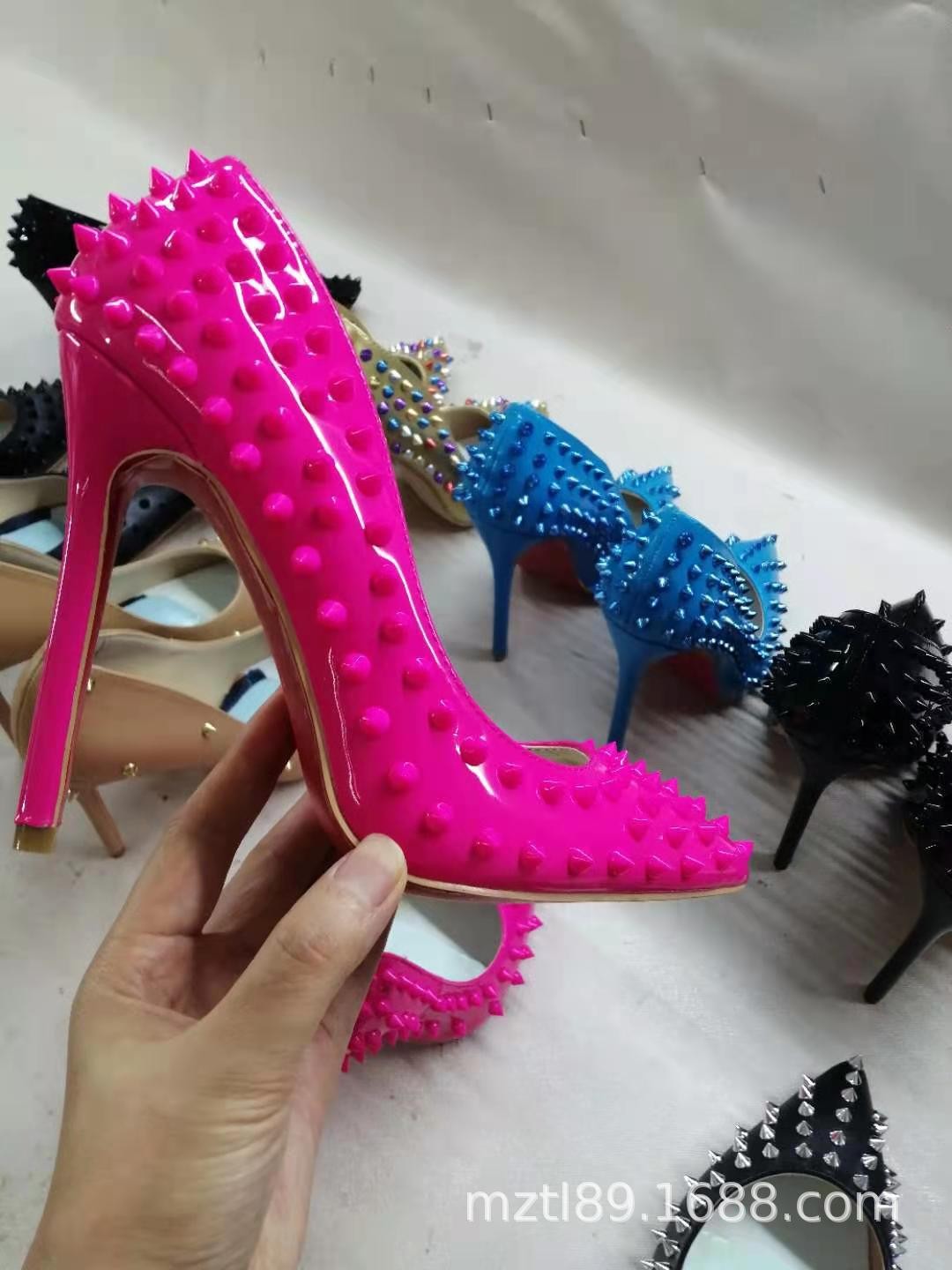 12cm High Stiletto Heel Rivets Womens Pointed Toe Patent Leather Pumps Runway Sz