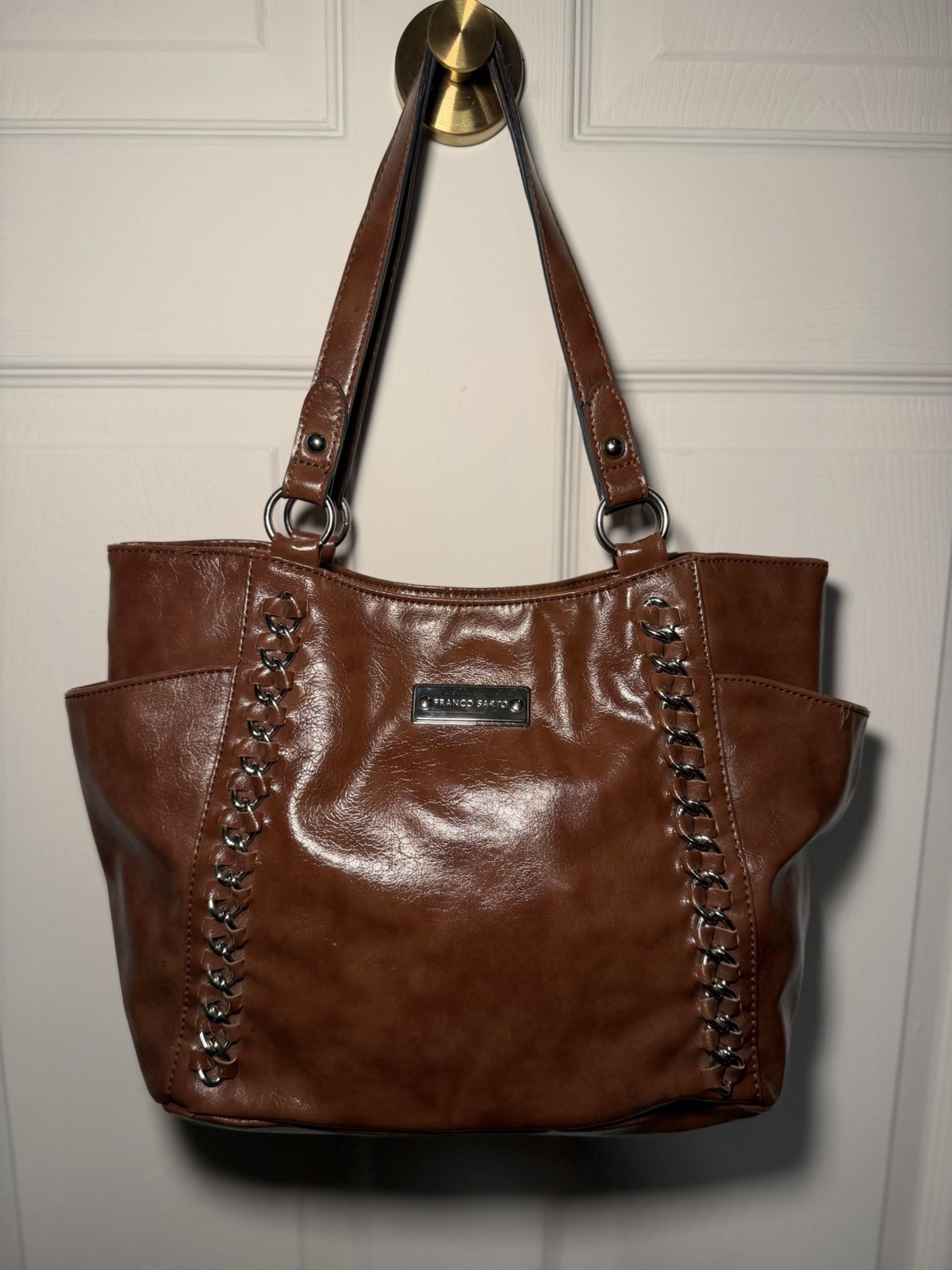 Franco Sarto Brown Shoulder Bag Silver Chain Accents Magnetic Closure Geometric
